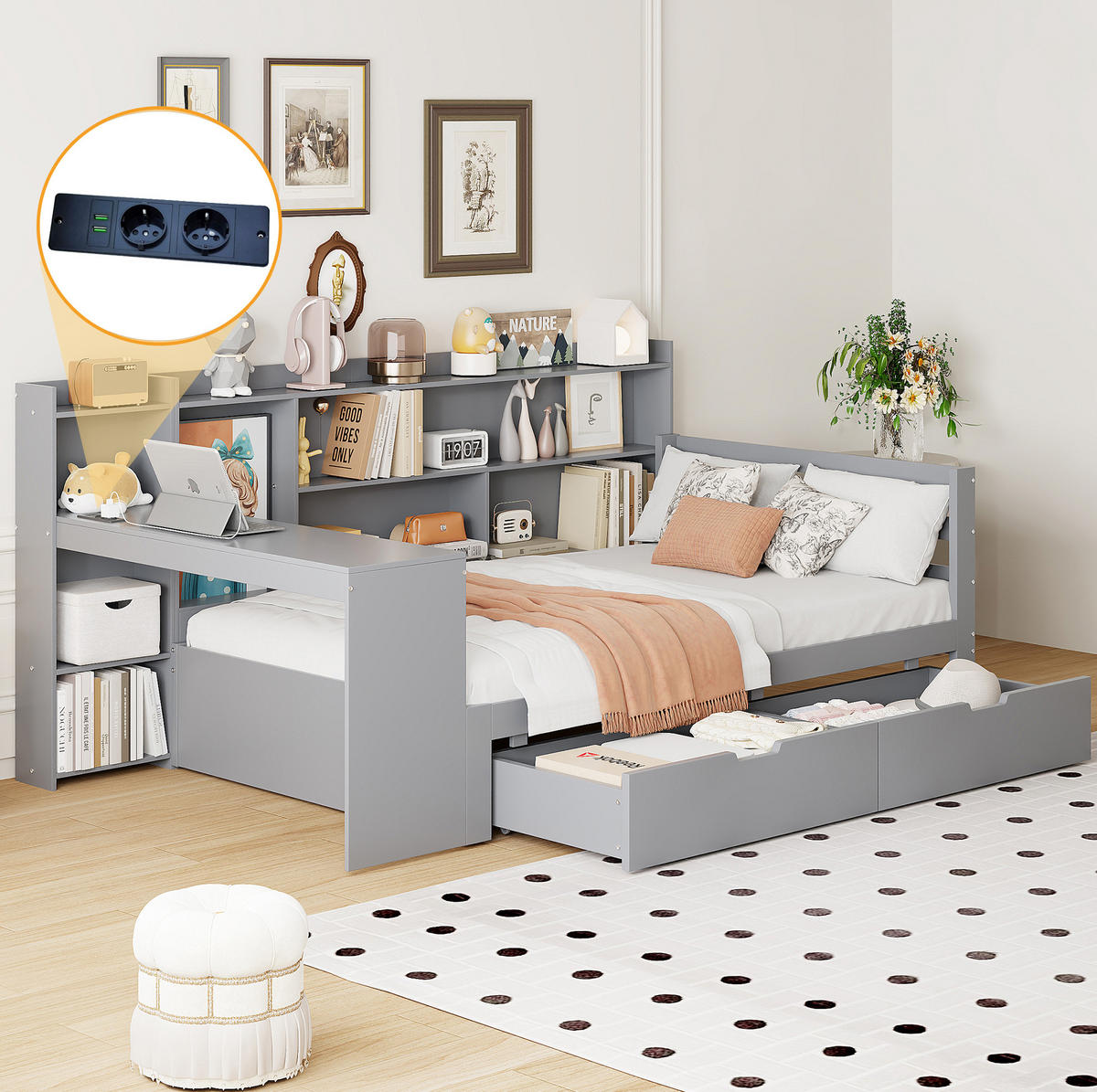 BETT 90/200 cm aus Massivholz in Grau – mit Schreibtisch, Regalen und 2 Schubladen - Grau, Holz (90/200cm) - BEAOK