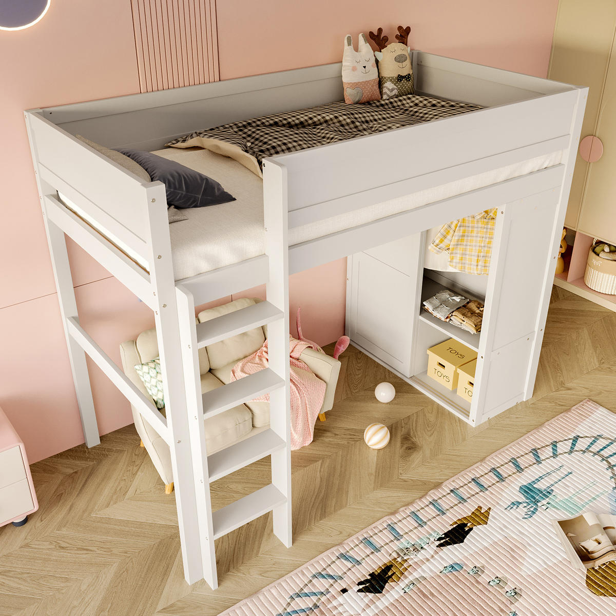 HOCHBETT 90/200 cm in Weiß mit Kleiderschrank und offenem Stauraum - Weiß, Holz (90/200cm) - Flora Grace
