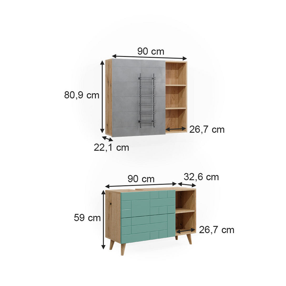 BADMÖBEL-SET Rudi Mintgrün 2 Teile - Eichefarben/Mintgrün, Holzwerkstoff (90/59/32cm) - Vicco