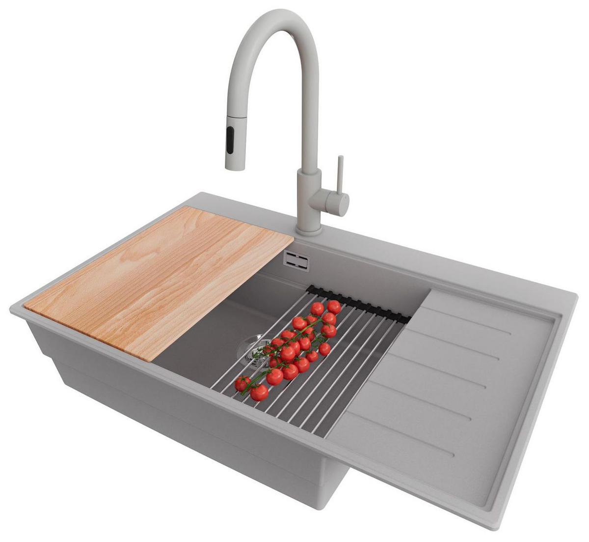 GRANITSPÜLE Sydney, 2-er set Grau 78/50 cm 1 Becken + Küchenarmatur 40/20 cm + Ablauf-Set + Küchenzubehörset ab 60er Unterschrank - Chromfarben/Beige, Kunststoff (78/20/50cm) - Primagran