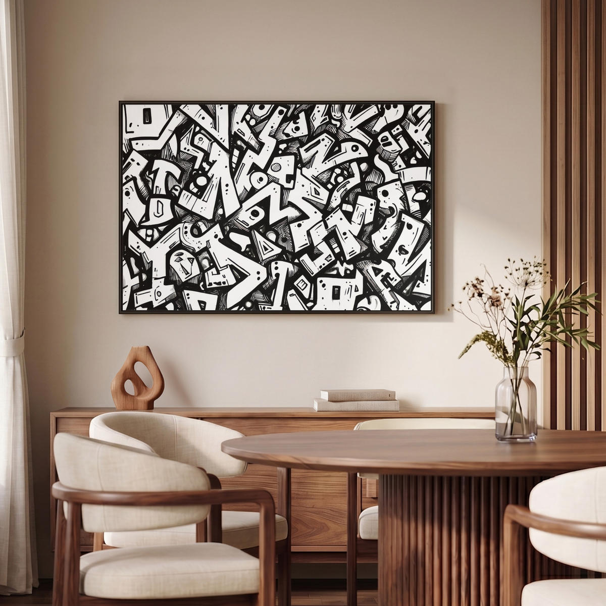 LEINWAND Bilder mit Rahmen - Formen - Buchstaben - Graffiti - Schwarz - 90x60 - Schwarz, Textil (90/60cm) - MuchoWow