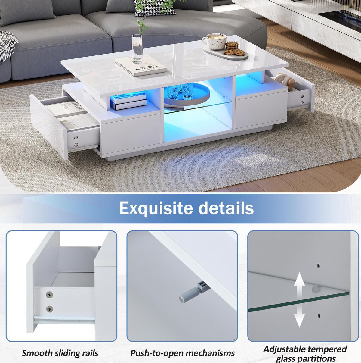 COUCHTISCH aus Spanplatte 100x50x36 cm in Weiß mit LED & 2 Schubladen - Weiß, Holzwerkstoff (100/50/36cm) - Modfu