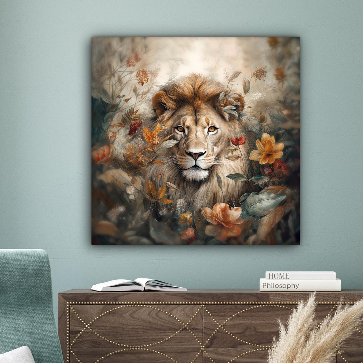 LEINWANDBILD Löwe - Wildtiere - Pflanzen - Natur - Blumen 90x90 cm - Beige, Textil (90/90cm) - MuchoWow