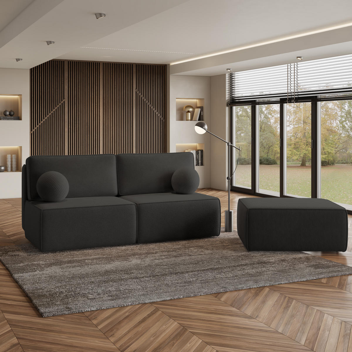 ECKSOFA VARNA P Schwarz Kordstoff mit Schlaffunktion - Schwarz, Holz (196/158cm) - MASSENO