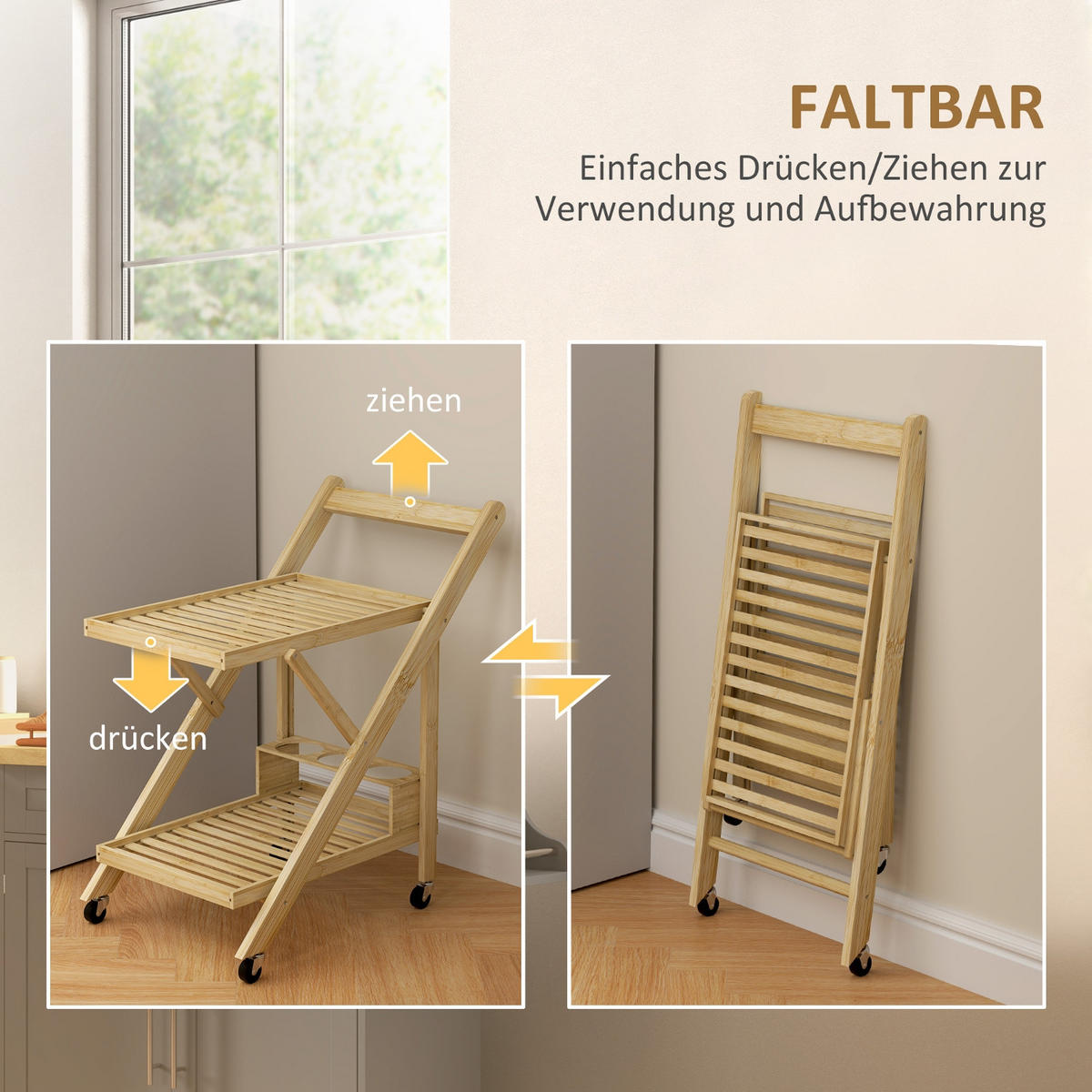 KÜCHENWAGEN Mit Integriertem Weinregal, KLAPPBARER KÜCHENWAGEN, Für Küche Und Esszimmer - Naturfarben, Holzwerkstoff (40/70/66cm) - Rolipo