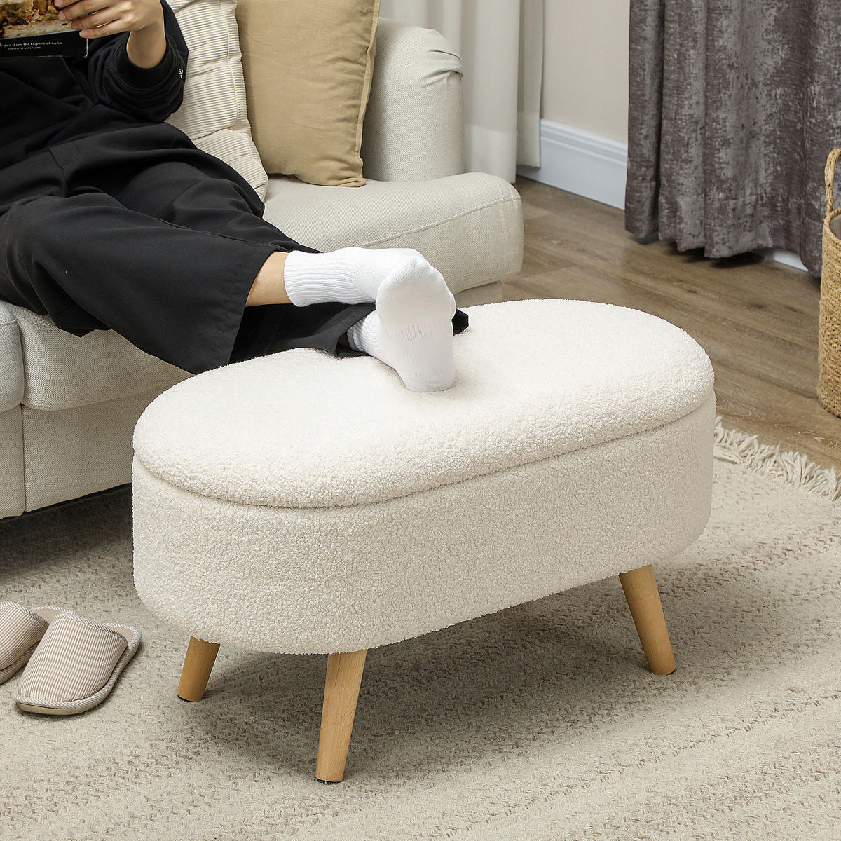 SITZBANK mit Stauraum, Polsterbank mit Deckel, Bettbank mit Teddysamtoptik - Weiß, Kunststoff (41/45/82cm) - HOMCOM