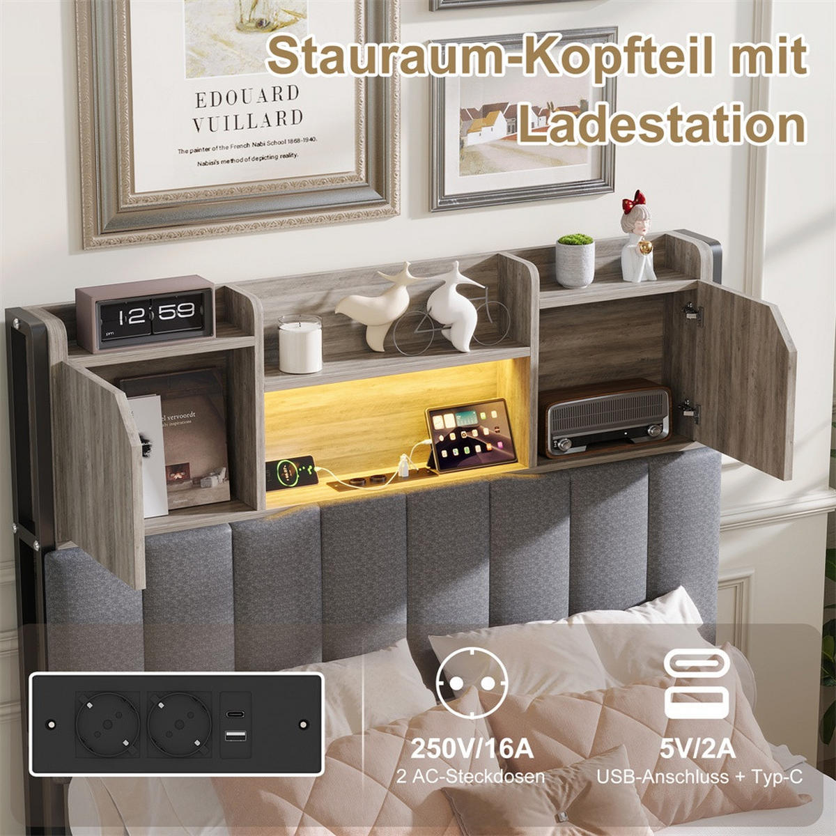 POLSTERBETT 90x200cm - Doppelbett 90x200cm mit Schubladen - RGB-LED-Beleuchtung - ohne Matratze - Grau - Grau, Textil (90/200cm) - DELFA