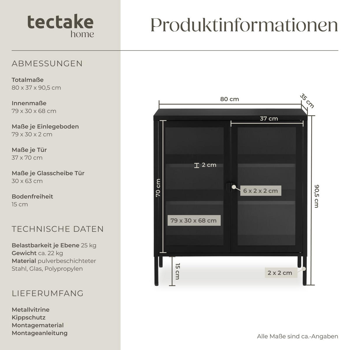 METALLVITRINE Baker, Kippschutz, höhenverstellbare Füße, schwarz - Schwarz, Metall (80/90.5/37cm) - tectake