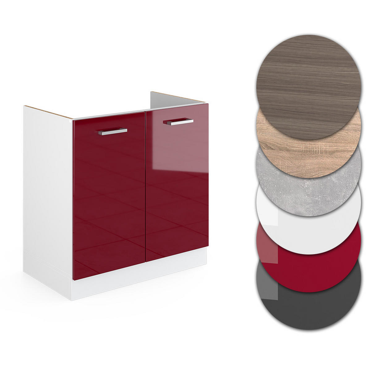 SPÜLENUNTERSCHRANK R-Line Rot Hochglanz 80 cm , AP Anthrazit - Bordeaux/Rot, Holzwerkstoff (80/81.6/60cm) - Vicco