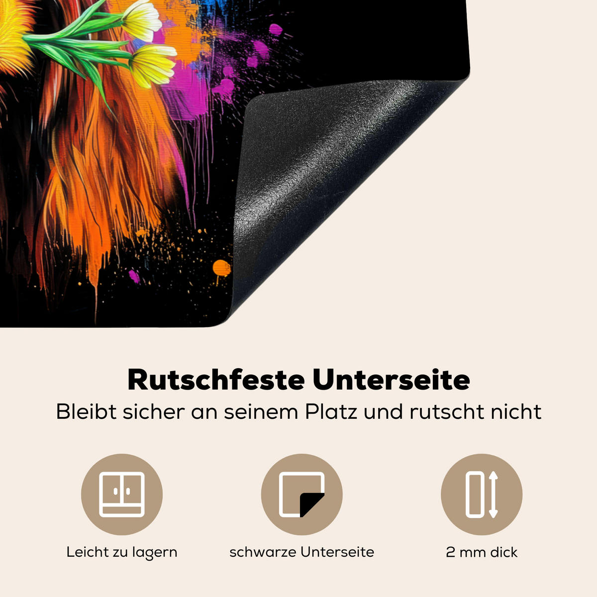 HERDABDECKPLATTE Schottischer Highlander - Graffiti - Bunt - Blume - Tiere Herdabdeckung Induktionsfeld 70x52 cm - Multicolor, Kunststoff (70/52/0.2cm) - MuchoWow