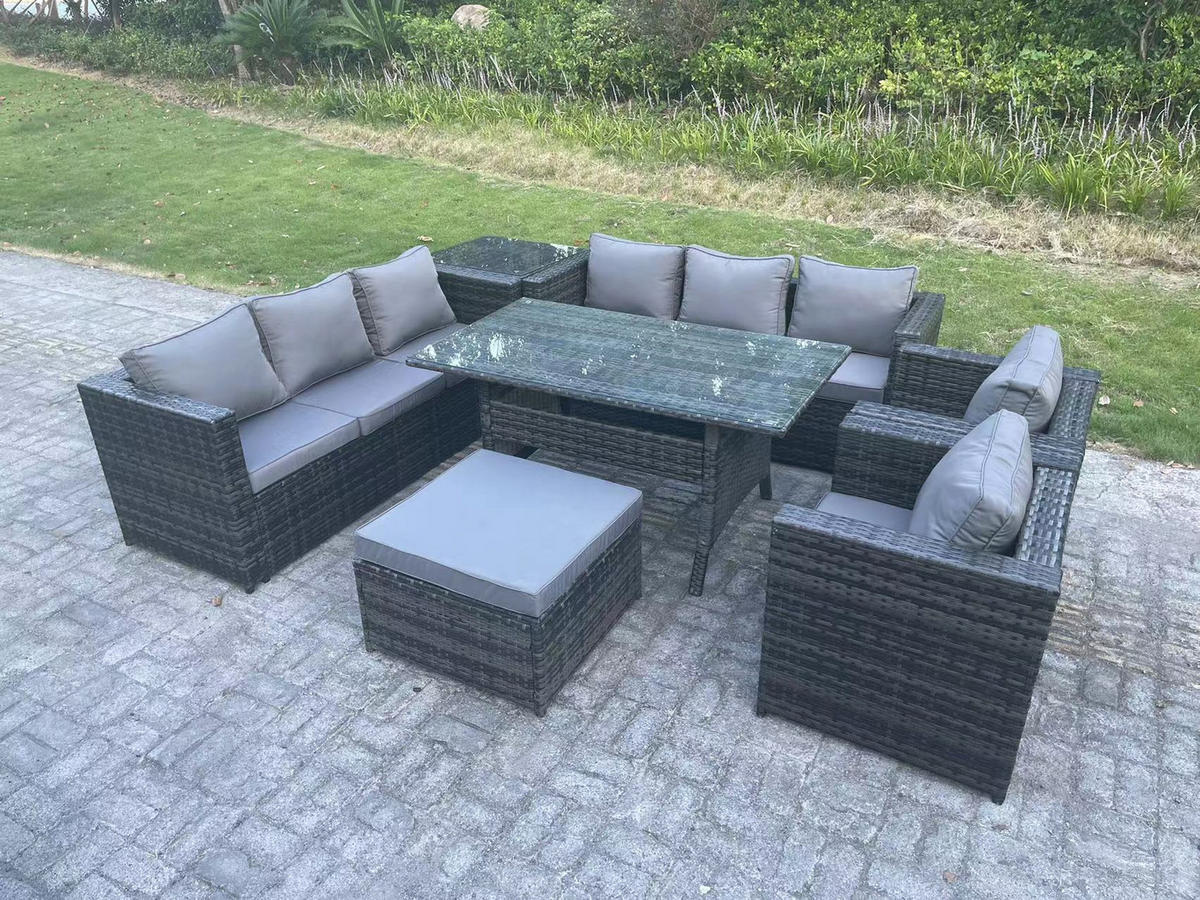 SITZGRUPPE mit Beistelltisch,Hocker Polyrattan Dunkelgrau 9-Sitzer - Dunkelgrau/Grau, Glas/Kunststoff - Fimous