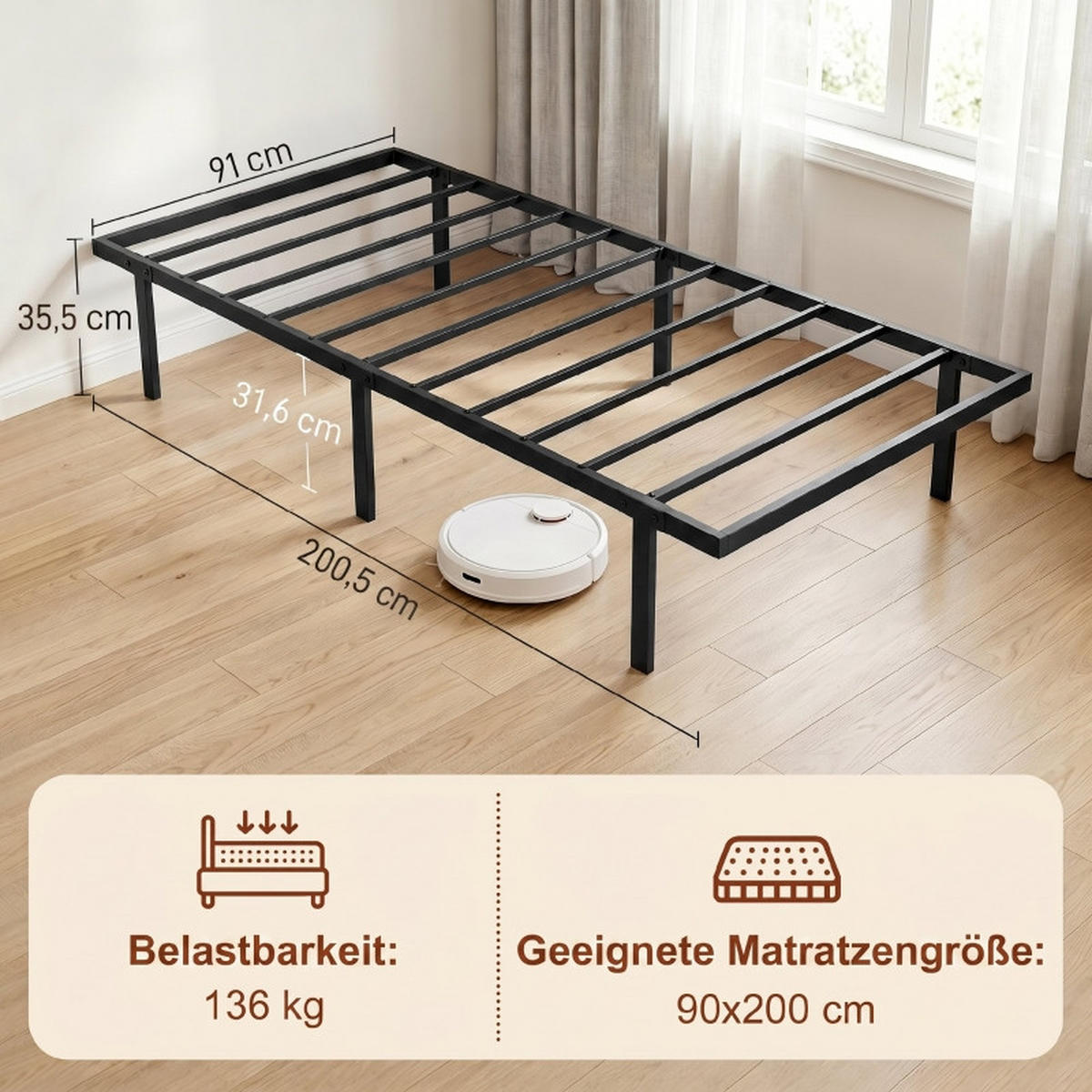 BETTGESTELL 90/200 cm DE-32878 mit Stauraum und Lattenrost Schwarz - Schwarz, Metall (90/200cm) - ComfortXL