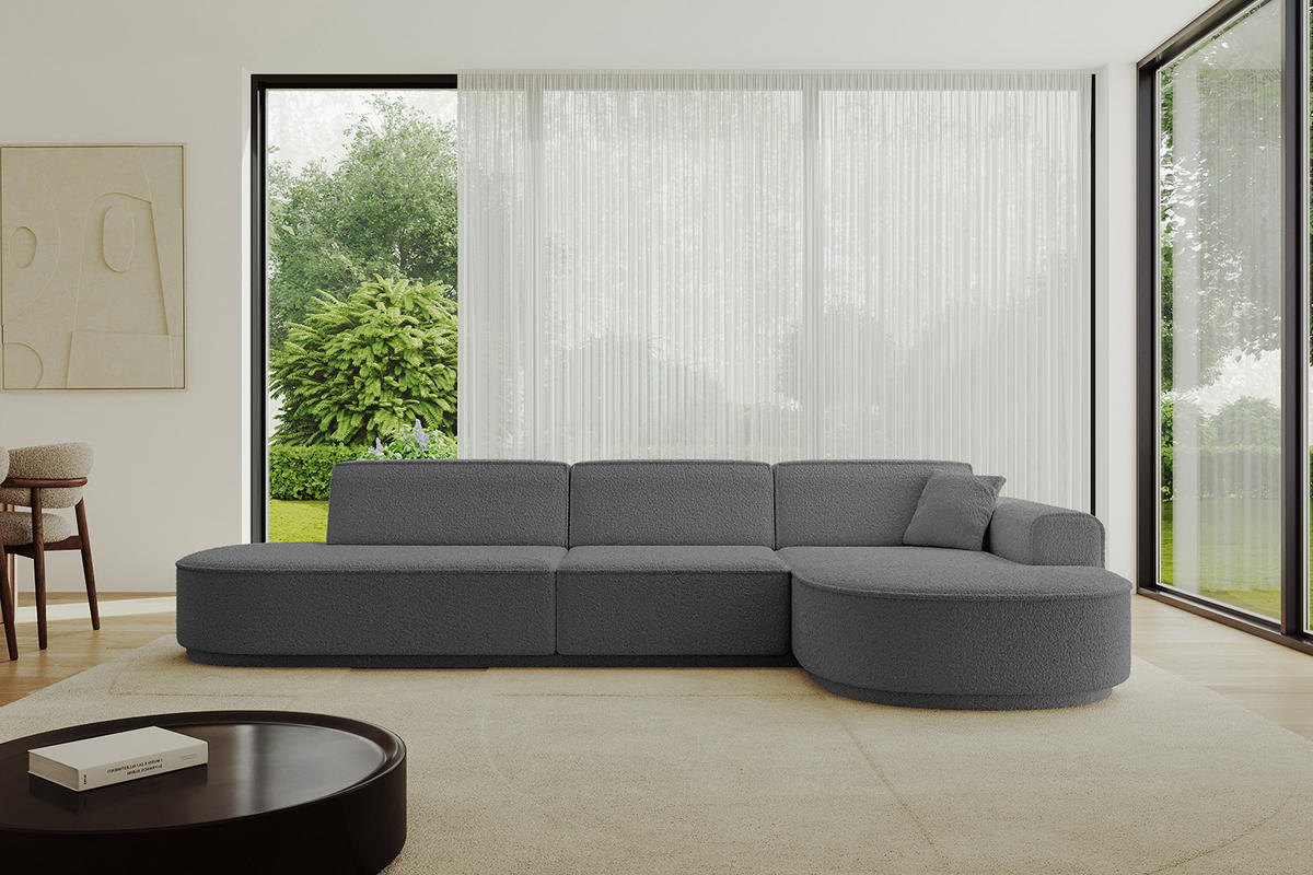 ECKSOFA Ottomane Rechts MARI-L2 - 317x163x81 cm Grau Bouclé - Schwarz/Grau, Holzwerkstoff/Kunststoff (317/163cm) - ALTDECOR