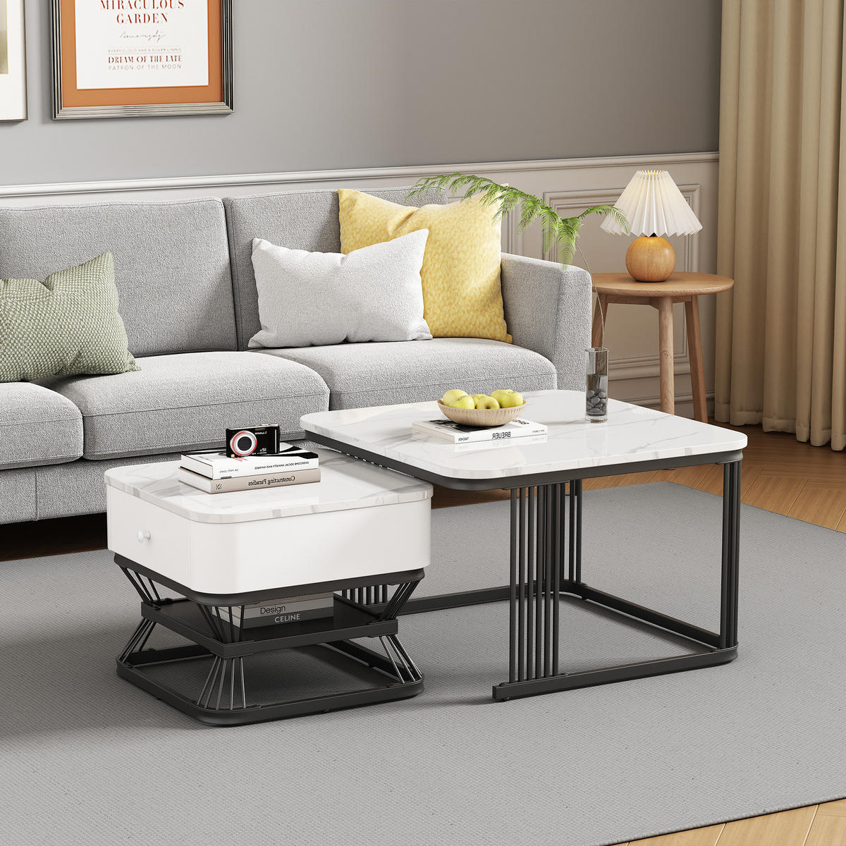 COUCHTISCH Set 70/70/45 cm und 50/50/40 cm Weiß + Schwarz mit 1 Schublade aus MDF und Metall - Weiß, Glas (70/70/45cm) - OKWISH