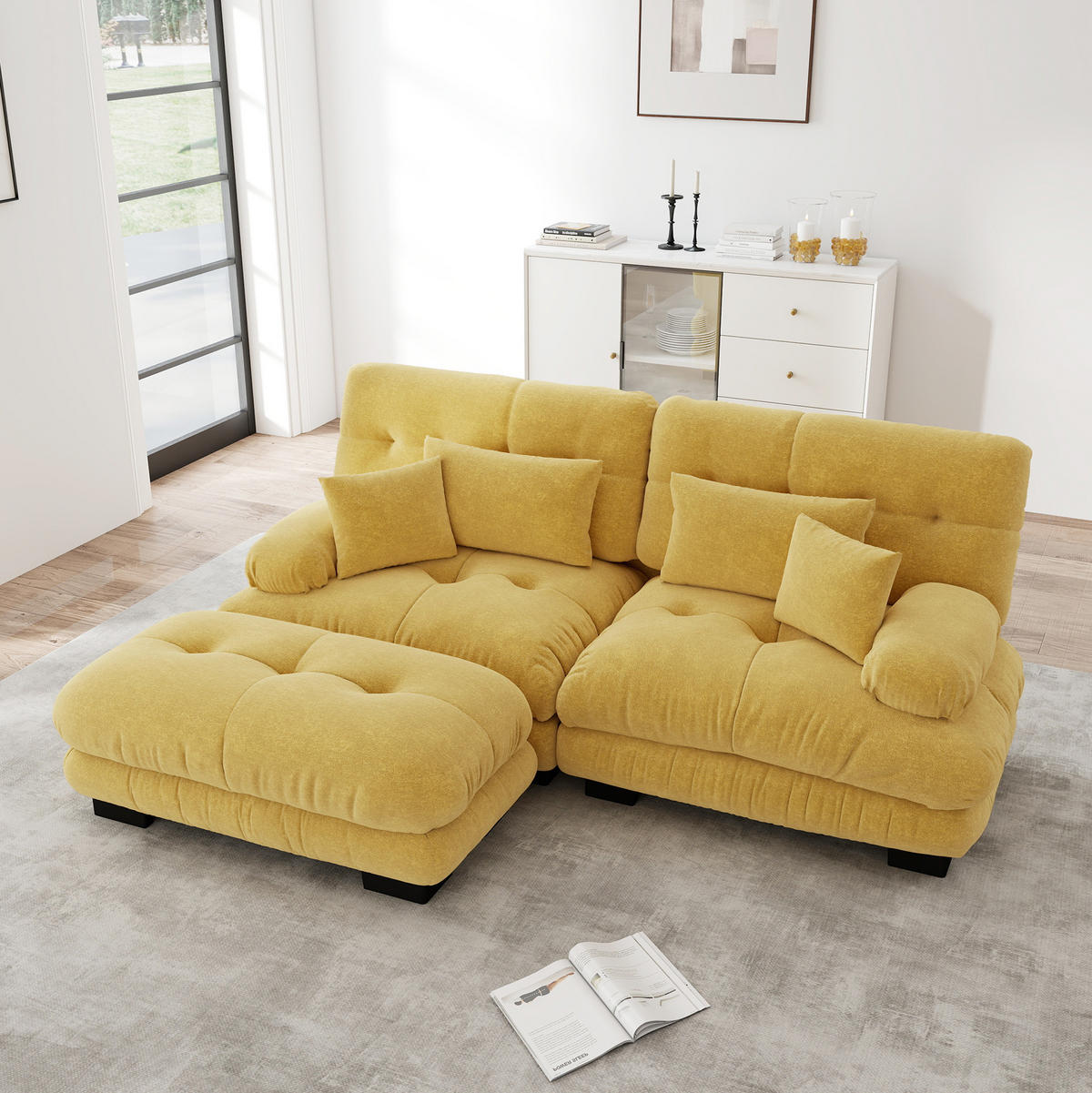 ECKSOFA 220/145/81 cm gelb aus Chenille mit Ottomane und Kissen - Gelb, Textil (145/220cm) - OKWISH