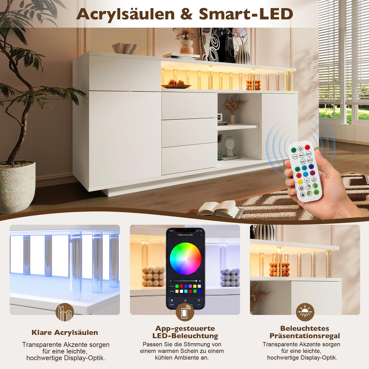 SIDEBOARD 160x40x75 cm Weiß mit LED und 4 Schubladen - Weiß, Holz (160/75/40cm) - FLIEKS