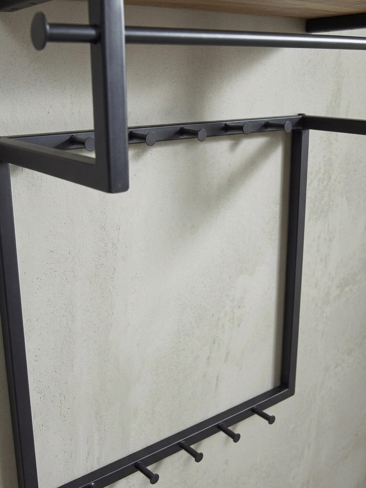 WANDGARDEROBE Massivholz Metall Modern mit 10 Haken, Kleiderstange und Ablage - Schwarz, Holz/Metall (60/76/26cm) - KADIMA DESIGN