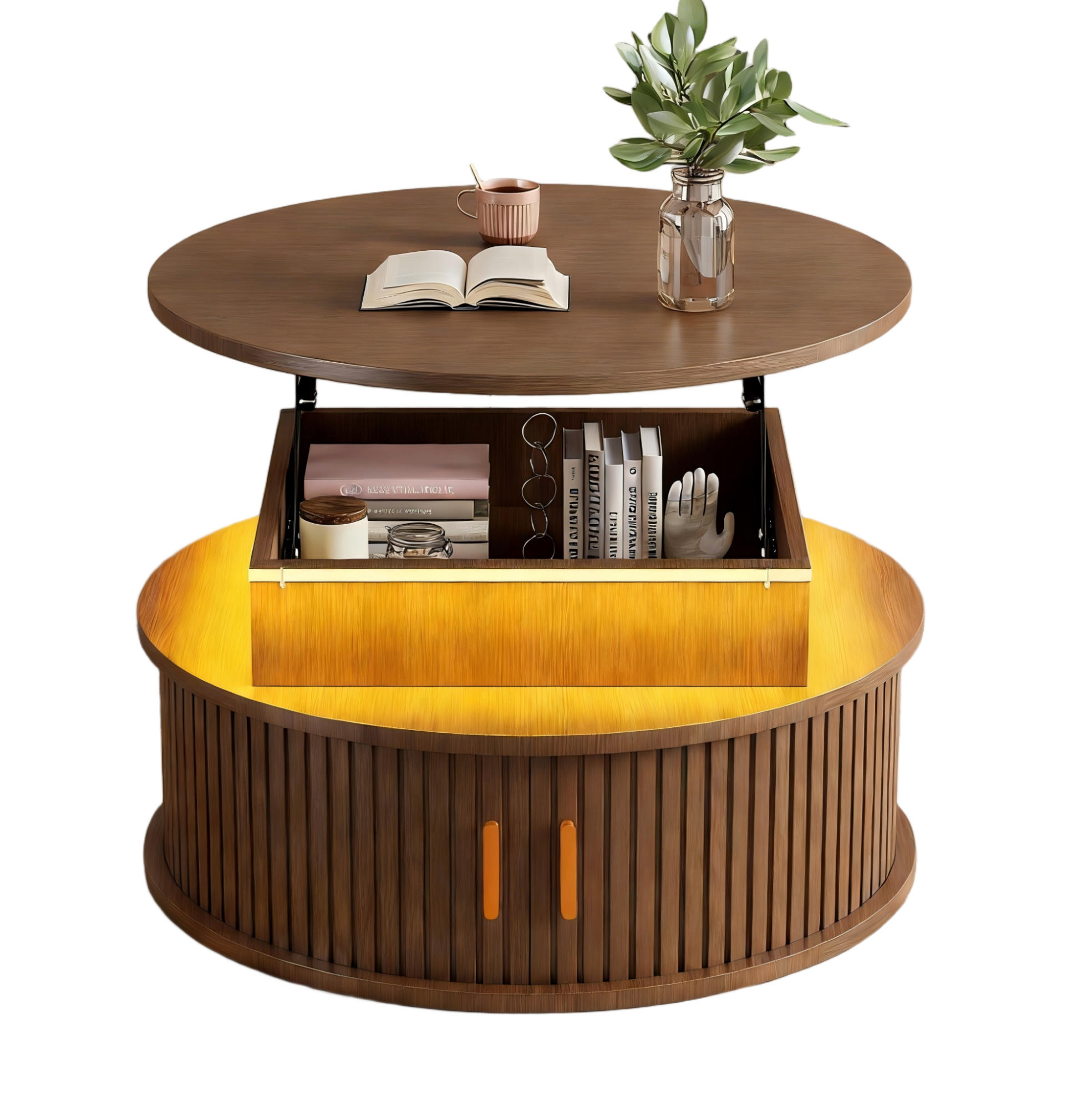 COUCHTISCH 75/75/52 cm höhenverstellbar mit LED-Beleuchtung, Rollladentüren und Stauraum, Walnussfarben - Nussbaumfarben, Holzwerkstoff (75/75/52cm) - Modfu