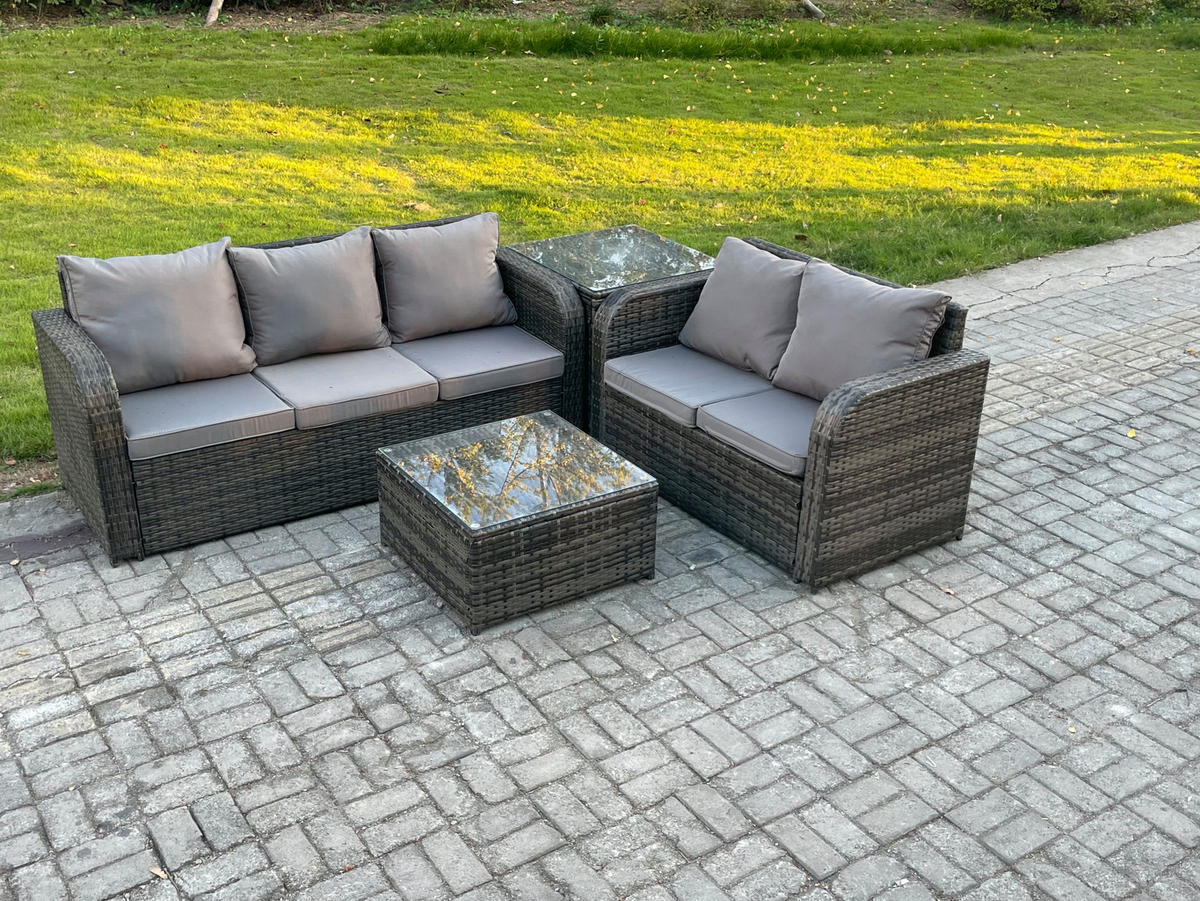 GARTENSOFA SET mit Couchtisch Polyrattan Dunkelgrau 5-teilige - Dunkelgrau/Grau, Glas/Kunststoff - Fimous