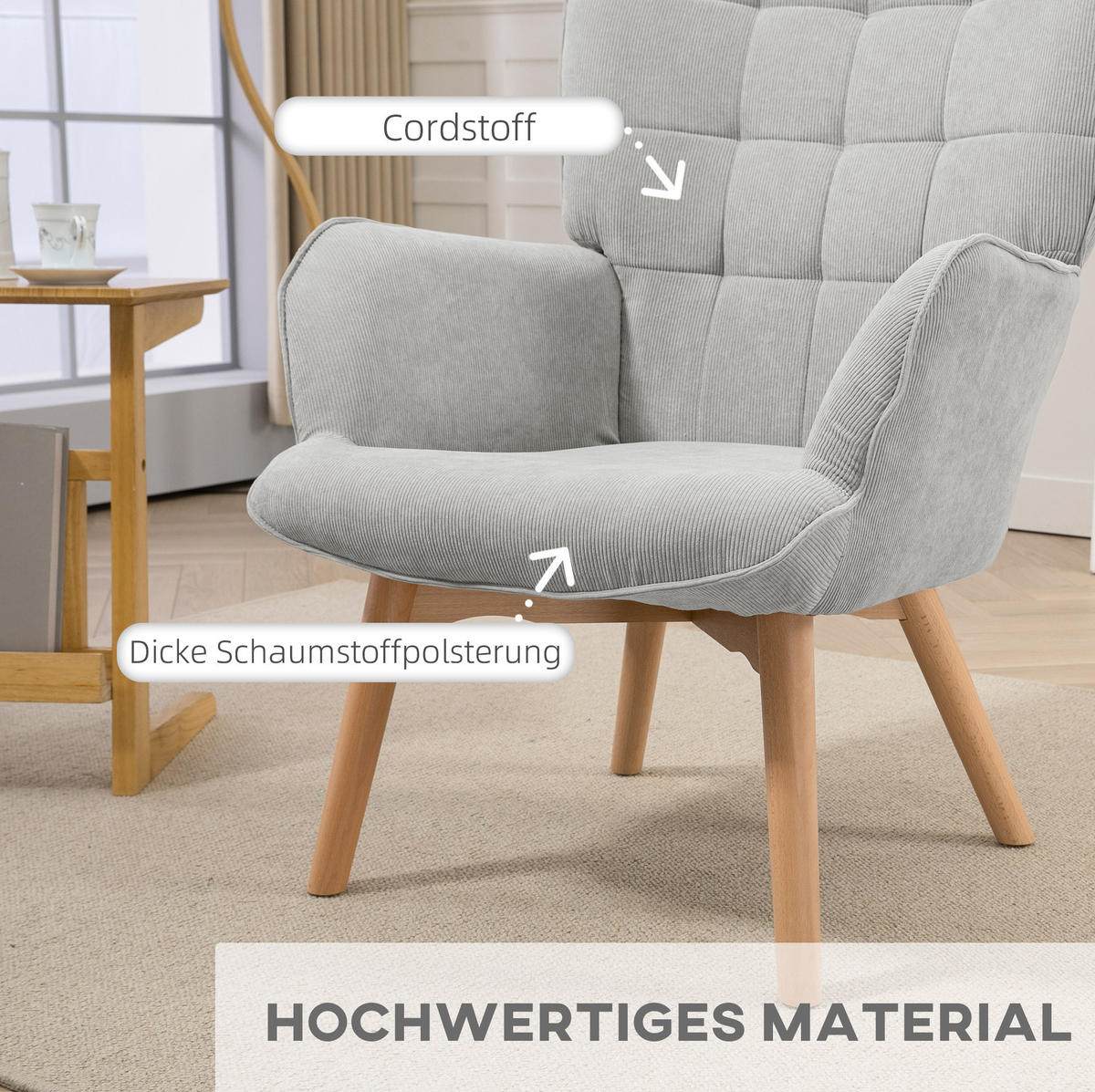 OHRENSESSEL 72/80/101 cm in Grau mit Hocker und Buchenholzbeinen - Grau, Textil (72/101/80cm) - Flora Grace