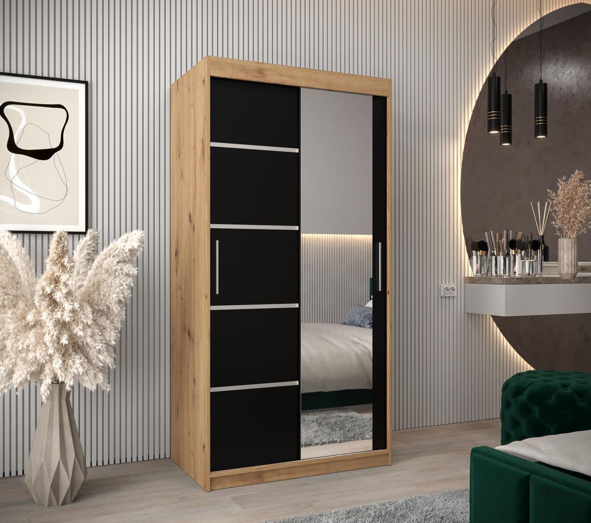 SCHWEBETÜRENSCHRANK 200/100/62 2-türig - Silberfarben/Schwarz, Holz/Kunststoff (100/200/62cm) - MÖBEL KRYSPOL