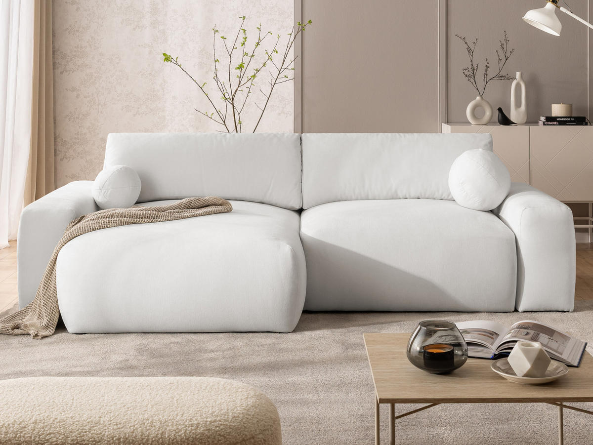 ECKSOFA Puffy mit Schlaffunktion und Bettkasten - besonders weich und puffig aus Creme Webstoff - Ottomane links - Creme/Schwarz, Holz/Kunststoff (138/266cm) - S-Style Möbel