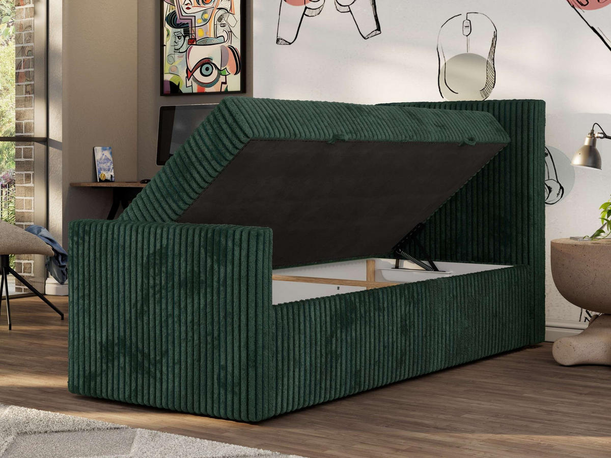 JUGENDBETT TILIO DUO 90/200 - Dunkelgrün Cord - H4 - Rechts Seite - Dunkelgrün, Textil (90/200cm) - MKS