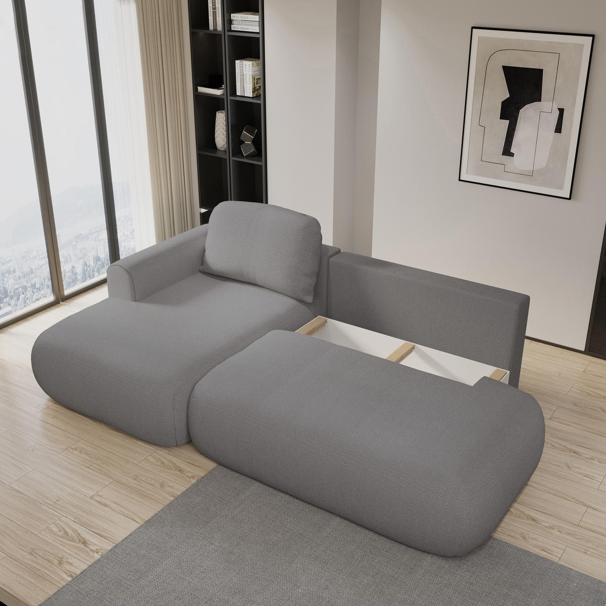 ECKSOFA NUVIRA L-S Creme Geflochtener Stoff mit Schlaffunktion - Creme, Holz (274/165cm) - MASSENO
