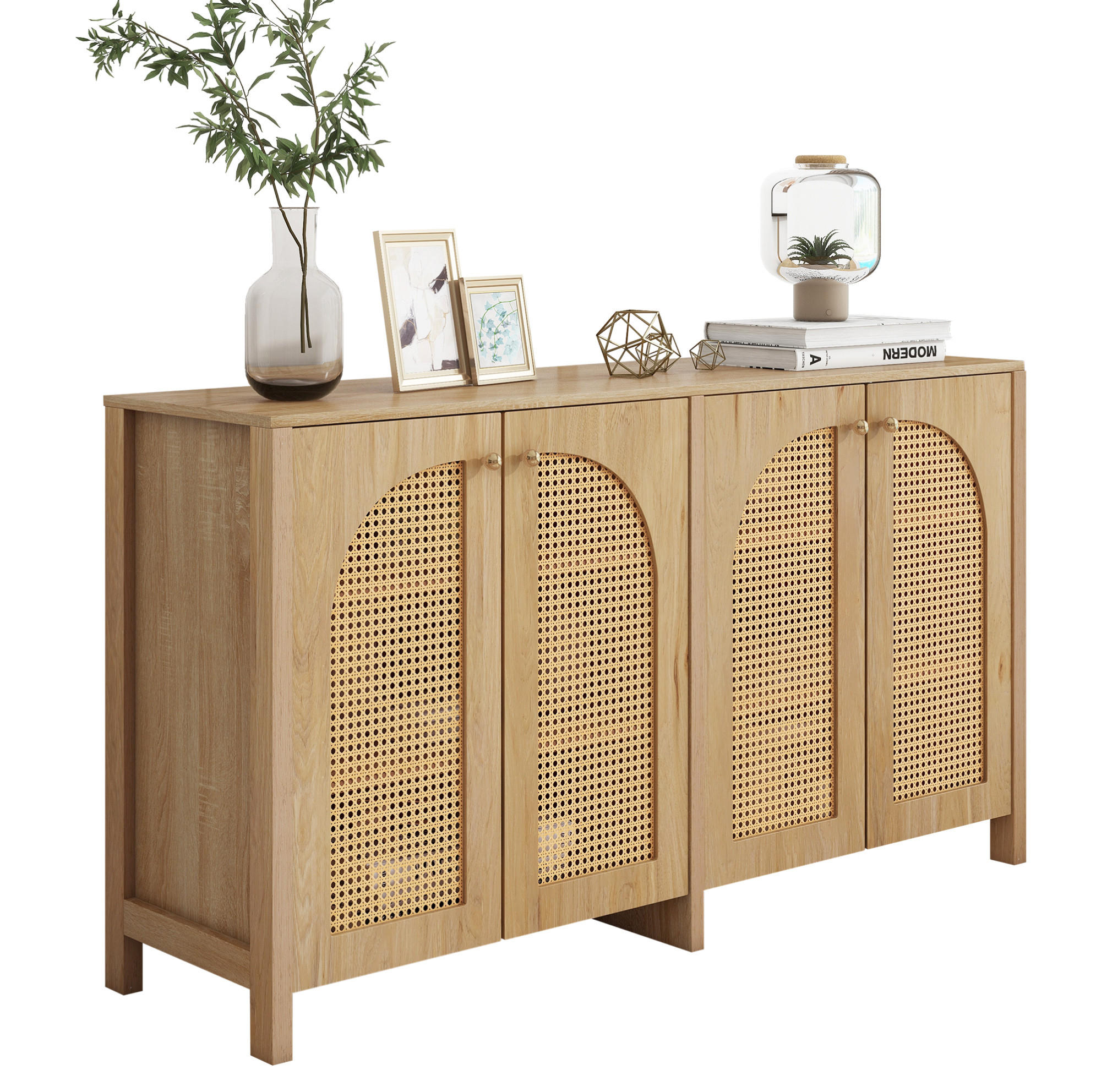 SIDEBOARD mit 4 Türen in Naturfarbe – mit Rattan-Optik & viel Stauraum - Naturfarben, Holzwerkstoff (145/40/80cm) - BEAOK