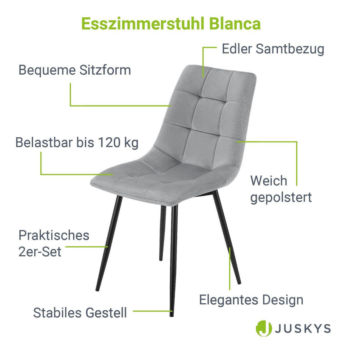 ESSZIMMERSTUHL Blanca Samt hellgrau (4er-Set) - Hellgrau, Textil (46/90/61cm) - Juskys