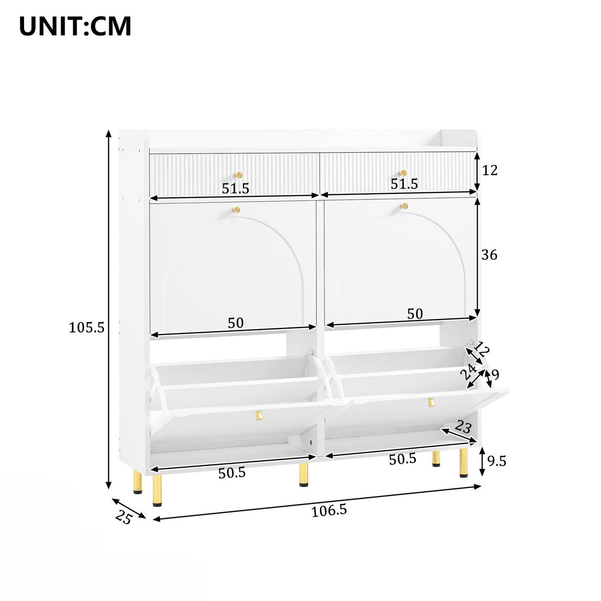 SCHUHSCHRANK mit 4 Klapptüren und 2 Schubladen 106,5 x 25 x 105,5 cm Weiß - Weiß, Holzwerkstoff (25/105.5/106.5cm) - Beauniv