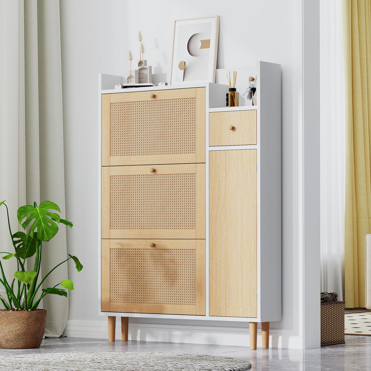 SCHUHSCHRANK Rattan schmal 3 Türen Kompakt 90x17x125cm - Multicolor, Holzwerkstoff (17/125/90cm) - FLIEKS