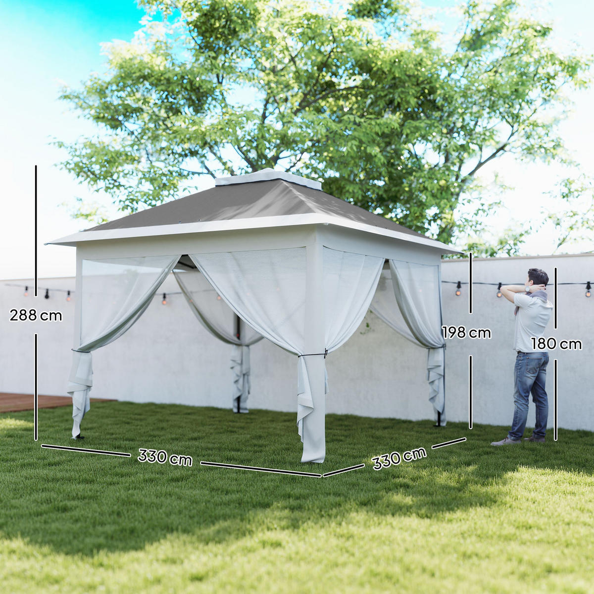 PAVILLON DE-07448 mit Netzvorhängen und Entwässerungslöchern Grau - Dunkelgrau, Textil/Metall (330/288/330cm) - ComfortXL