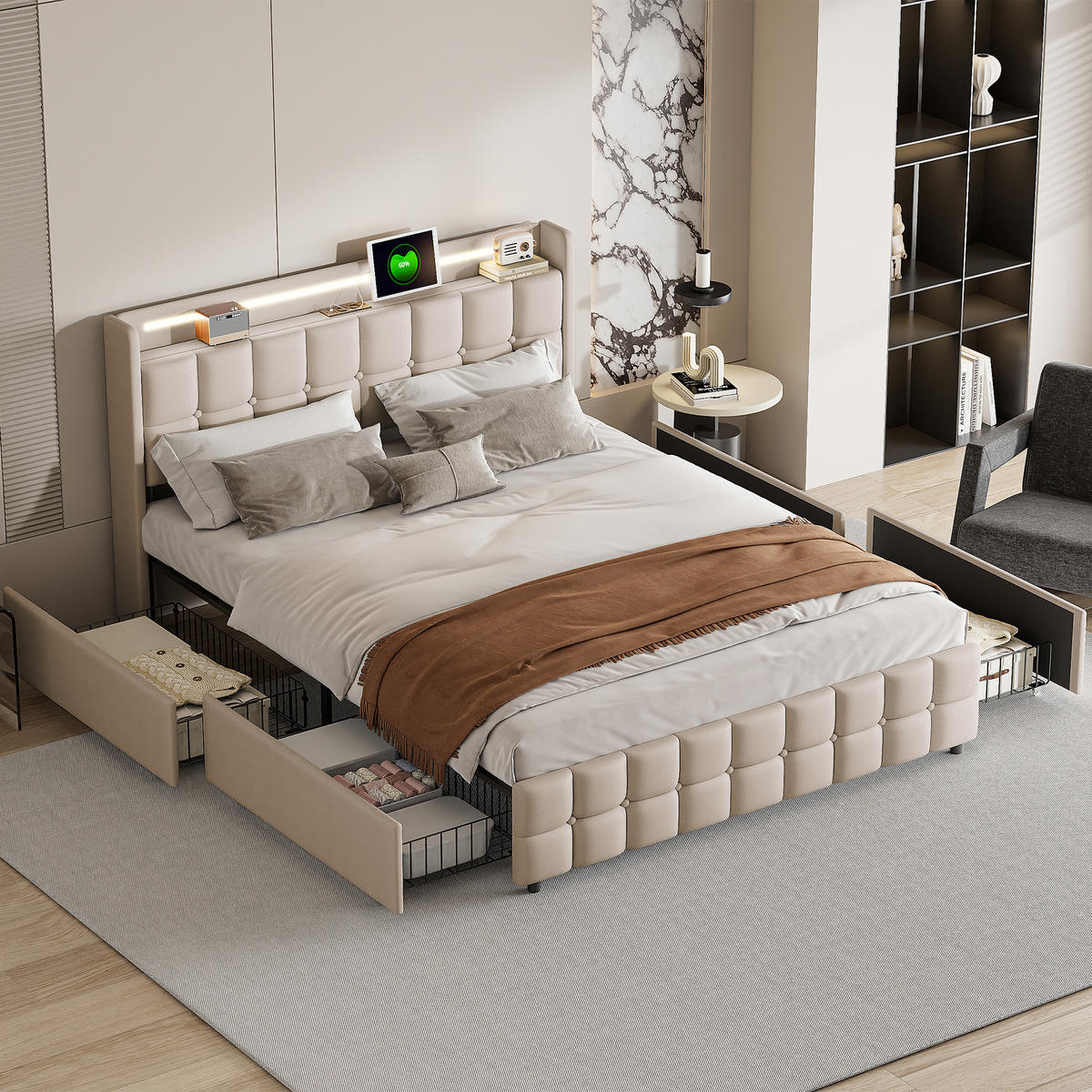 BETT 140x200 cm mit Schubladen und Lattenrost, Polsterbett Beige ohne Matratze - Beige, Holz/Metall (140/200cm) - PARAFTA HOME