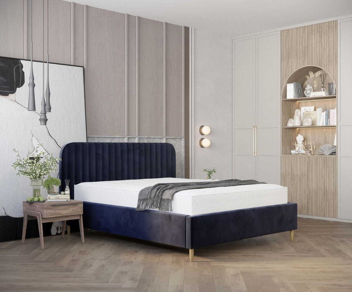 POLSTERBETT Noto Marineblau 140/200 cm im Samtstoff - Naturfarben/Dunkelblau, Holz/Holzwerkstoff (140/200cm) - Maison de Reve