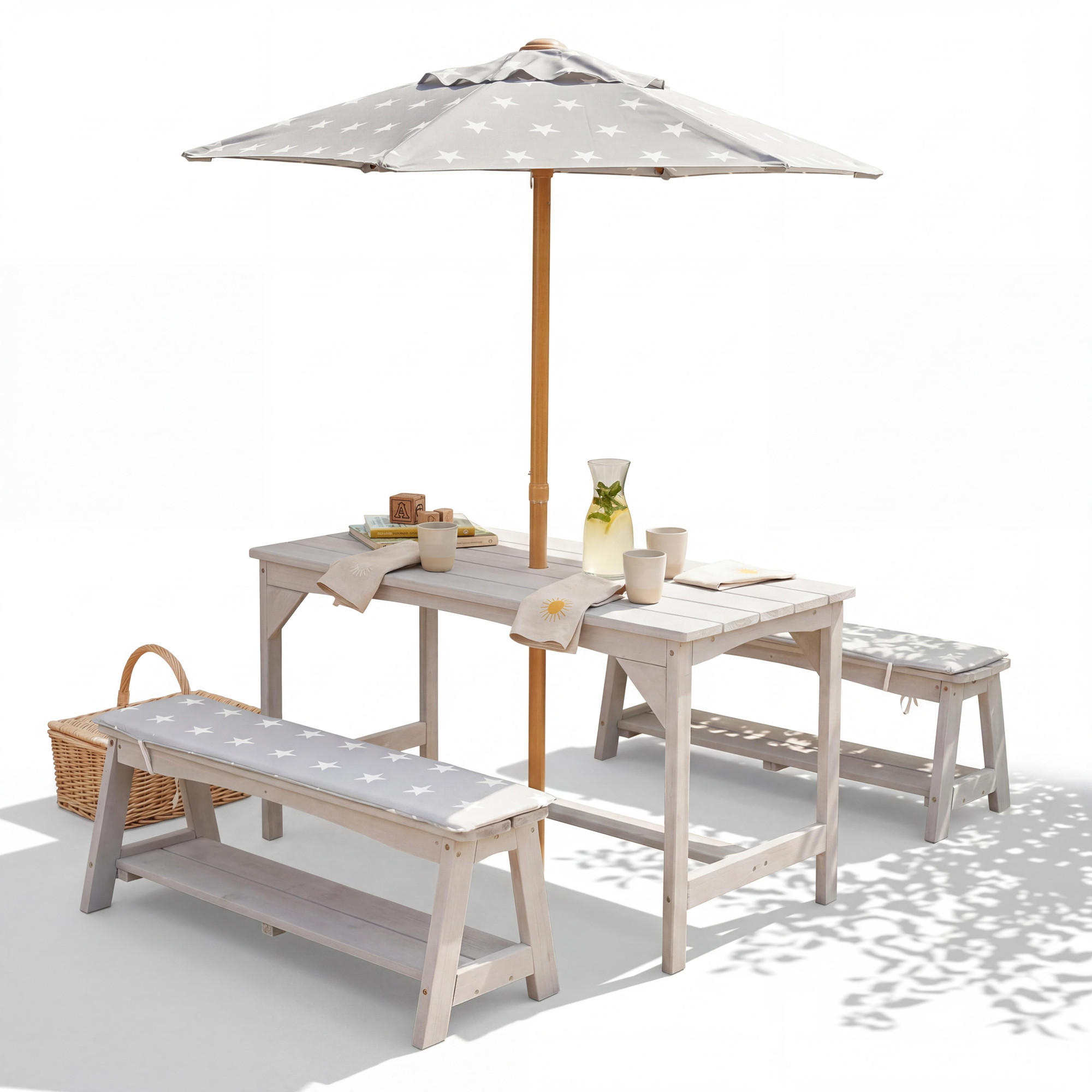 KINDERSITZGRUPPE mit Sitzauflage und Schirm grau - Hellgrau, Holz - Roba