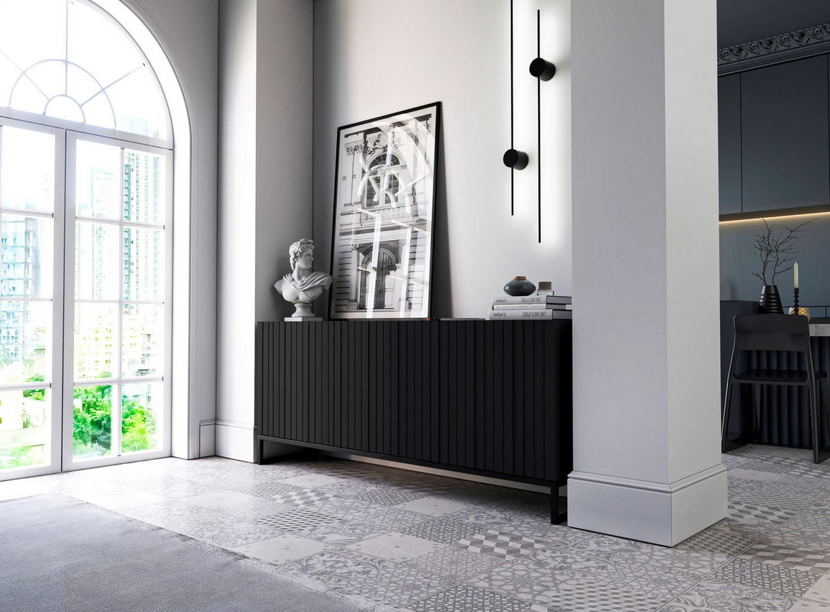 KOMMODE Elpis 3D Schwarz Matt mit metallrahmen Glamour 168 cm - Schwarz, Holzwerkstoff (168/72/36.5cm) - Meble Lindner