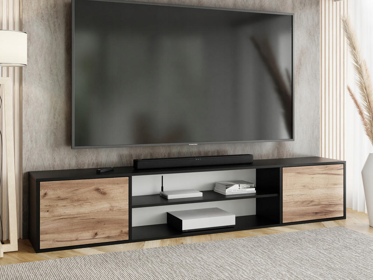 TV-LOWBOARD EDI 4 Schwarz / Craft Gold Eiche – 2-türig - Honigeiche/Schwarz, Holzwerkstoff (206.4/42/38.9cm)