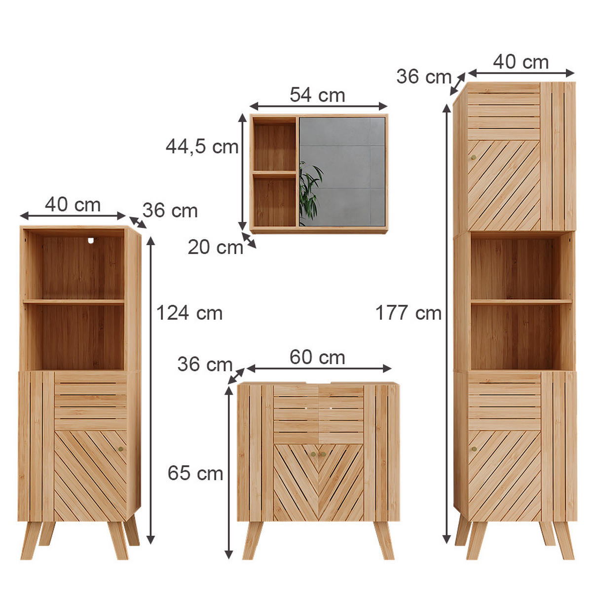BADMÖBEL-SET Lucie Bambus 4 Teile, mit Midischrank und Hochschrank - Grün, Holzwerkstoff (60/65/36cm) - Vicco