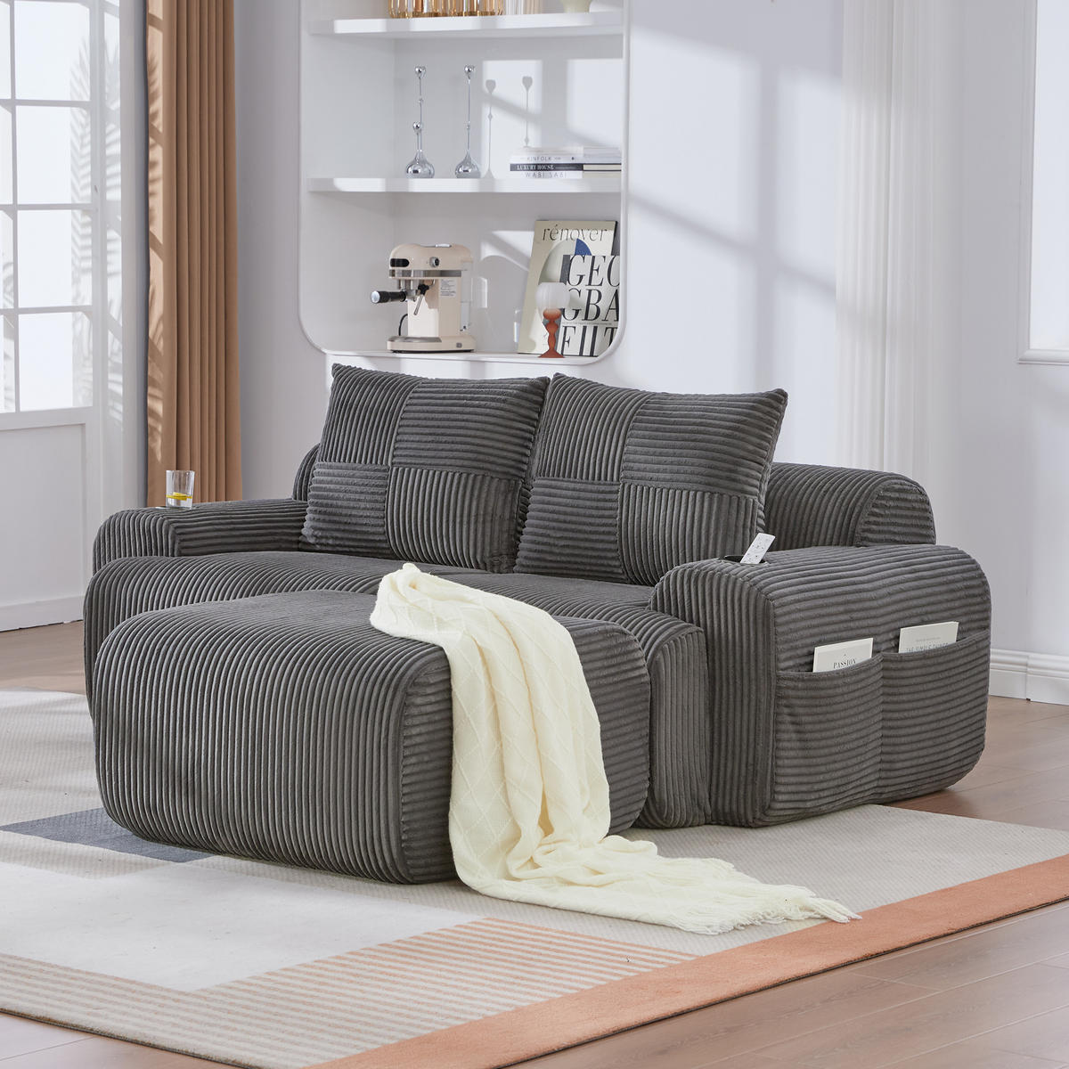 MODULARES 2-Sitzer Cordsofa mit Hocker Getränkehalter und Seitentasche 200/174/80 cm Dunkelgrau - Dunkelgrau, Textil (174/200cm) - Redom