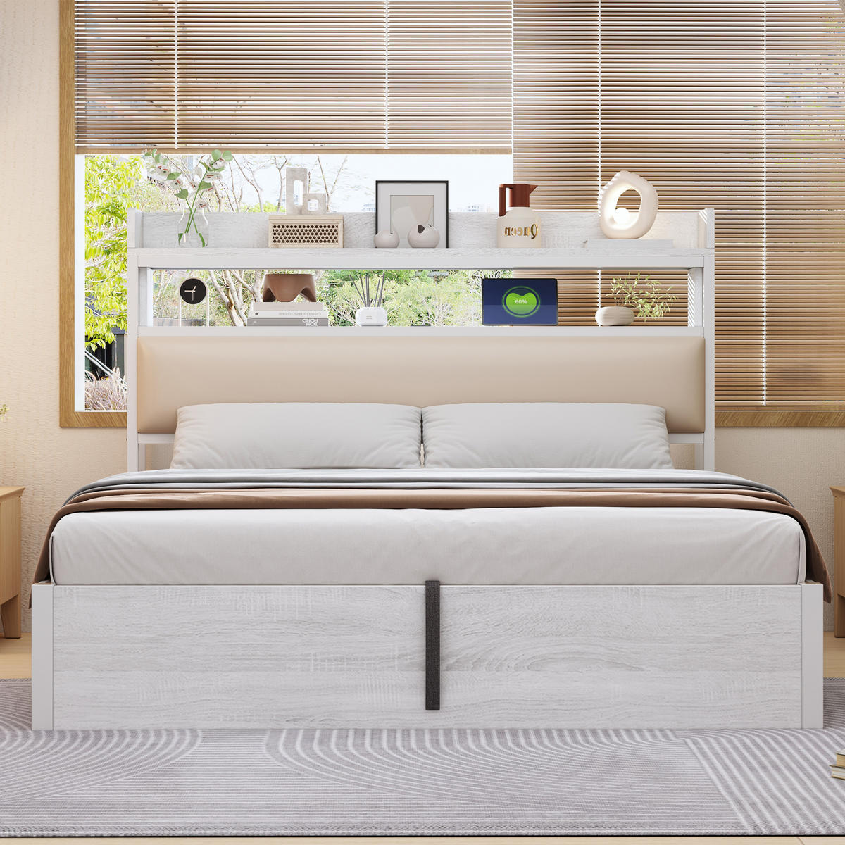 BETT 180/200 cm mit Stauraum und USB-Anschlüssen im Vintage-Design - Weiß, Metall (180/200cm) - OKWISH