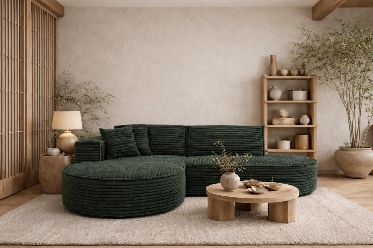 ECKSOFA L-Form, Cordstoff Velo, Grün, Links, Modena Studio - Grün, Holz (236/165cm) - Kaiser Möbel