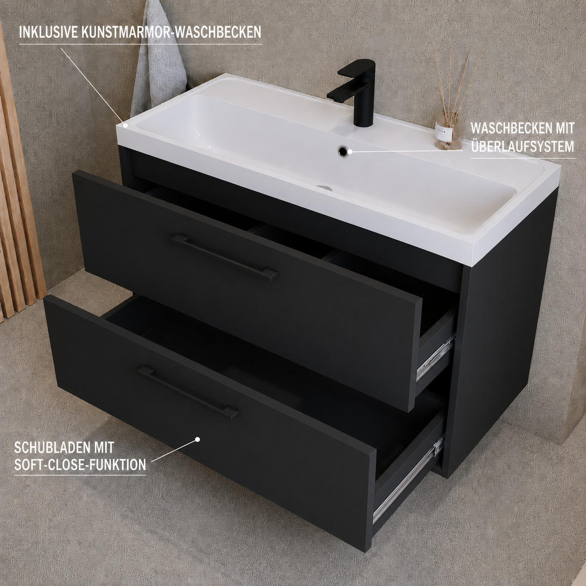 BADMÖBEL-SET Florence 2 Teile Matt Schwarz - 80 x 40 x 51 cm - Schwarz, Holz (80/51/40cm) - Badplaats