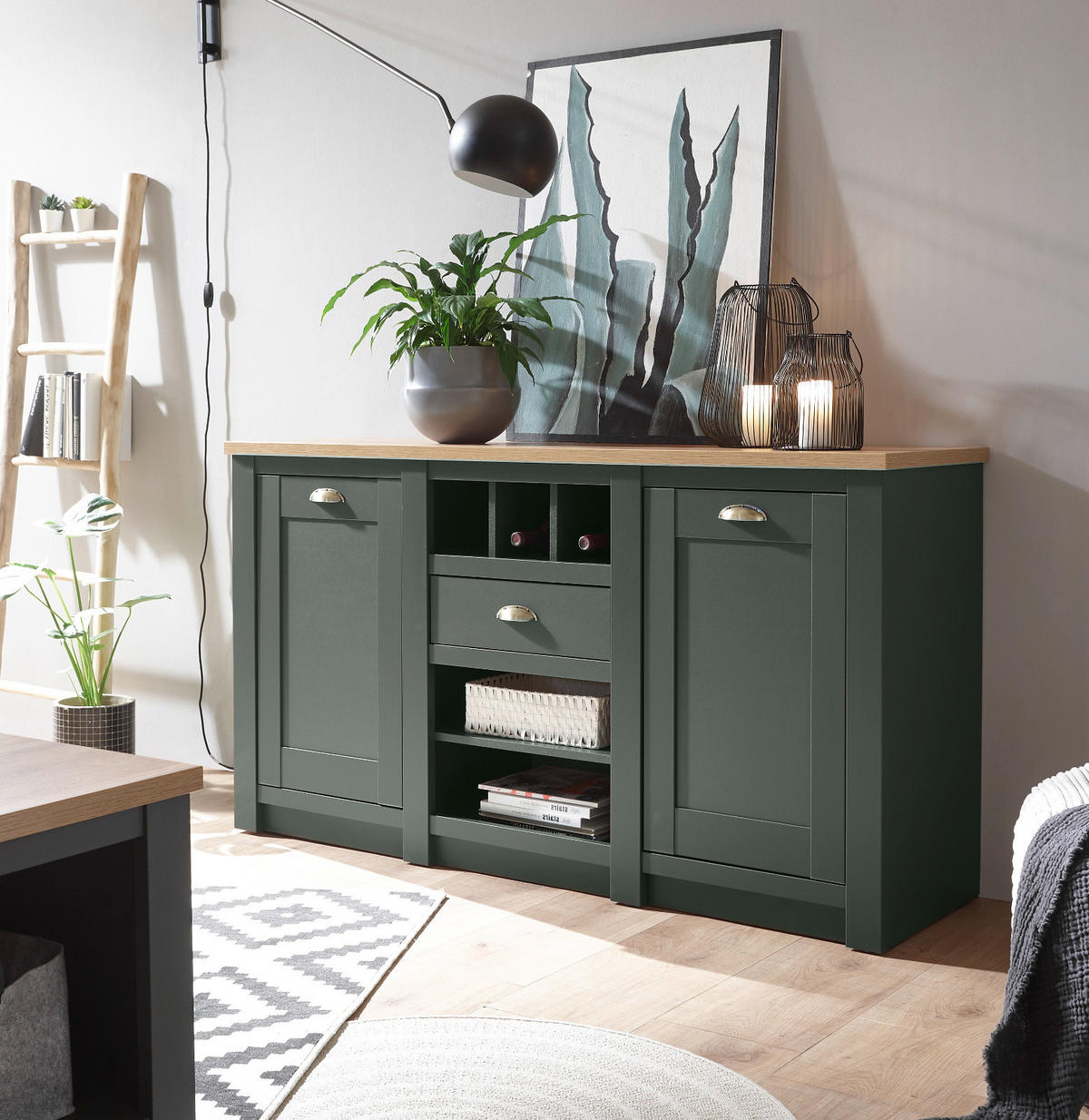 SIDEBOARD grün, Wotan Eiche Landhaus, Kommode mit Weinregal - Dunkelgrün/Messingfarben, Holzwerkstoff/Metall (145/83/41cm) - Furn.Design