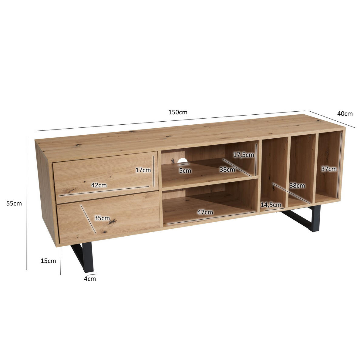 TV-LOWBOARD mit Eiche-Dekor, Schubladen und offenes Regal, modern, Braun 150x40x55 cm - Schwarz/Braun, Holzwerkstoff/Metall (150/55/40cm) - KADIMA DESIGN