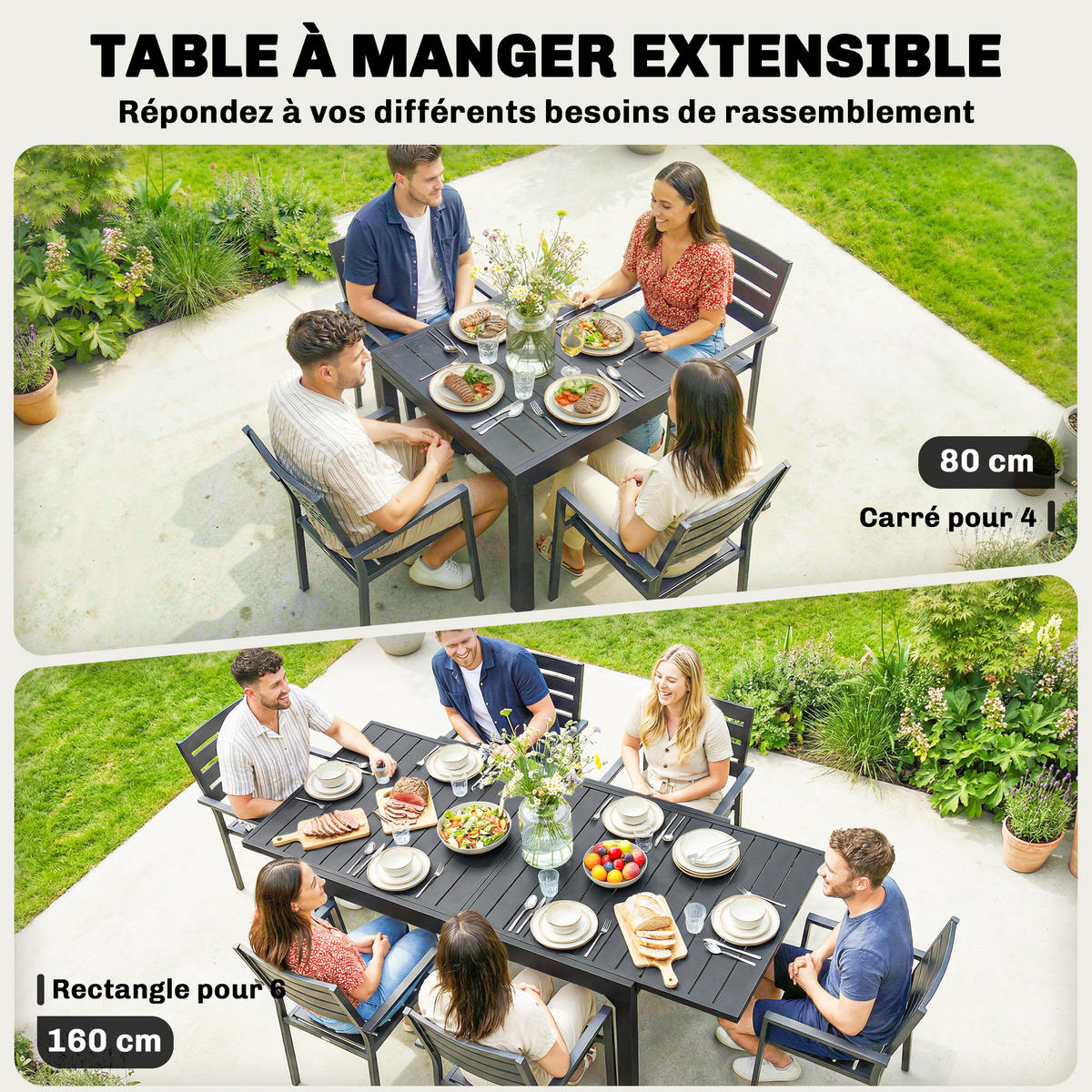 GARTENTISCH DE-14189 80/160 cm, für 4-6 Personen Schwarz - Schwarz, Metall (160/80/75cm) - ComfortXL