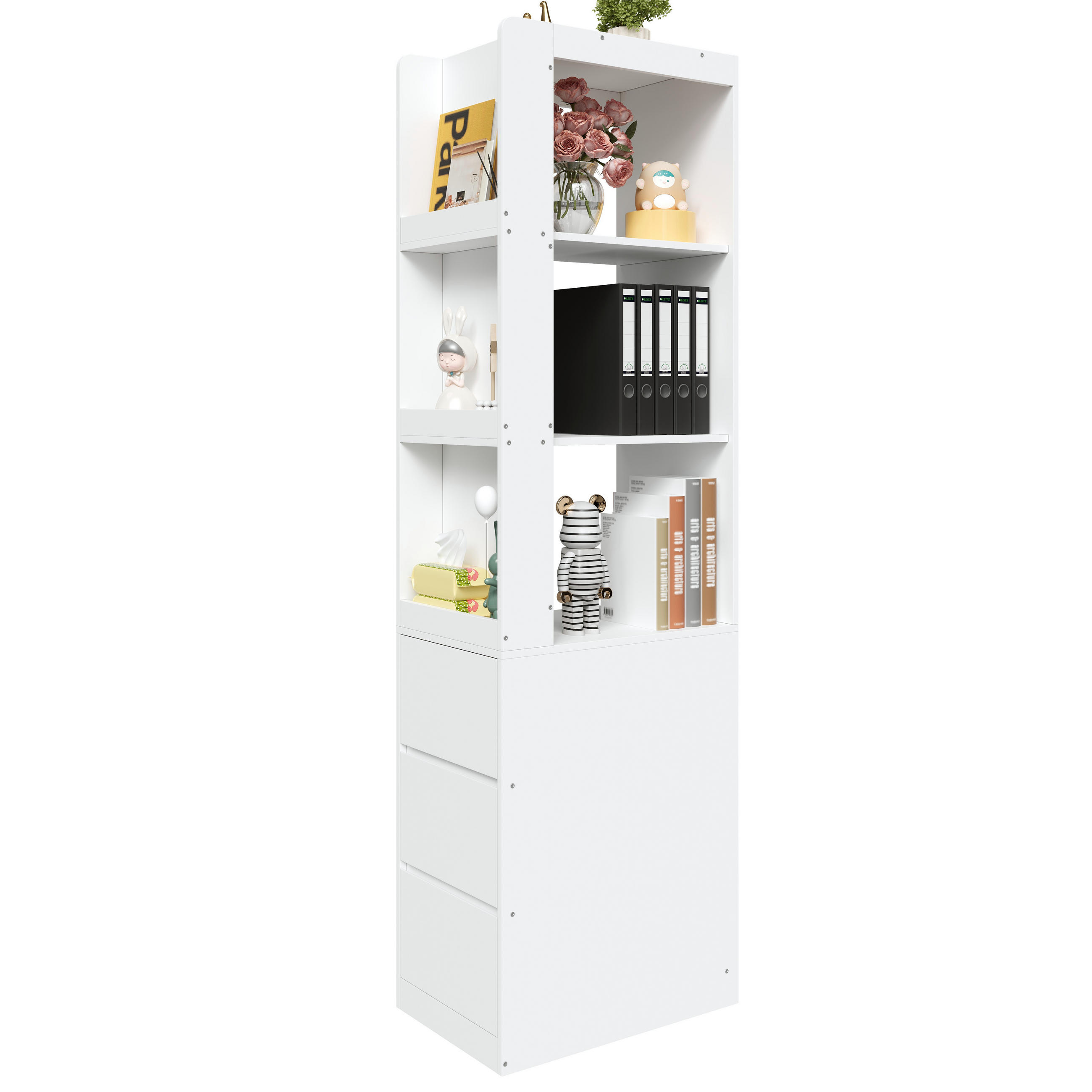 BÜCHERREGAL 60cm 200cm hoch 3 Fächer 3 Schubladen Anti-Kipp - Weiß, Holzwerkstoff (60/200/40cm) - FLIEKS