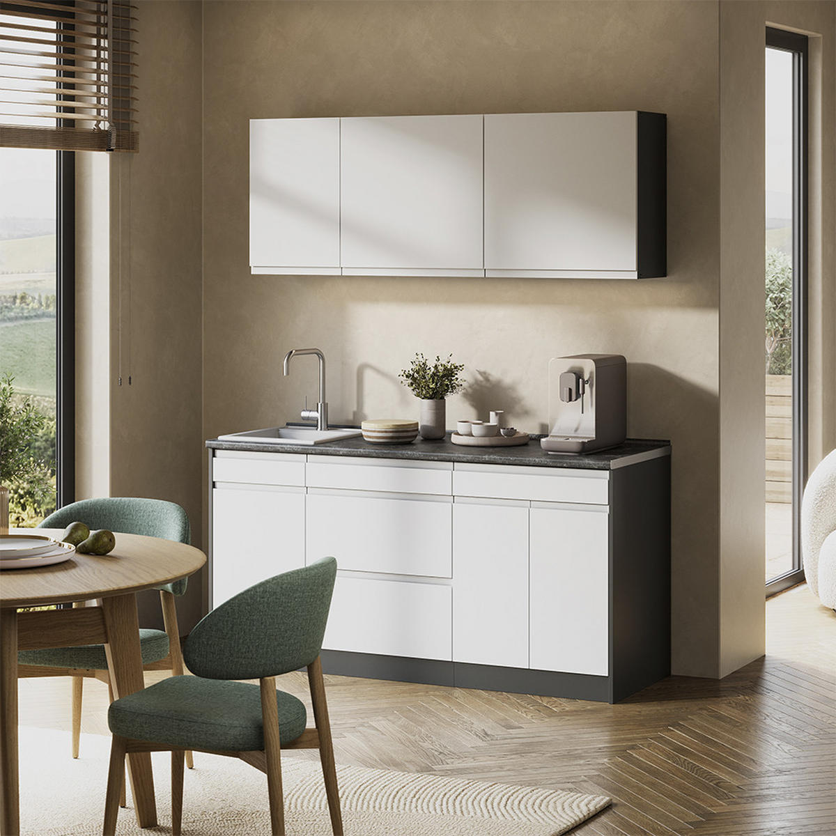SINGLEKÜCHE R-Line, Weiß/Anthrazit, 160 cm Arbeitsplatte Platin - Anthrazit/Weiß, Holzwerkstoff (160/81.6/60cm) - Vicco