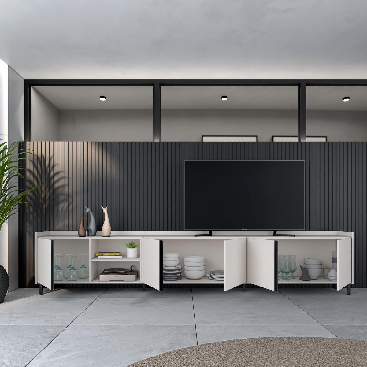 LOWBOARD, Beige, 309/35/61cm, mit Beinen - Beige, Holzwerkstoff (309/61/35cm) - Skraut Home