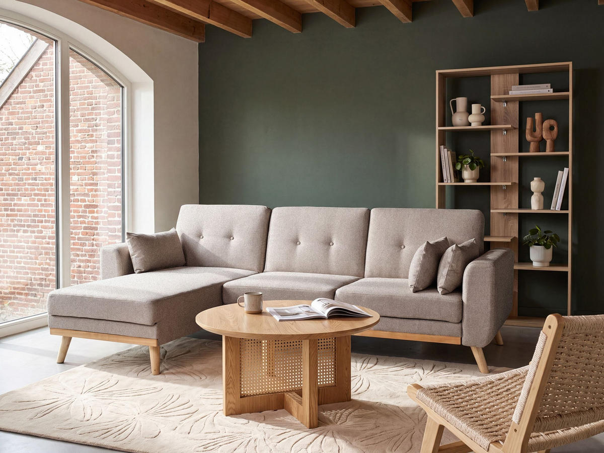 ROZKLÁDACÍ ROHOVÁ POHOVKA 3-místná Látka Béžová pravostranná Kaarina - světle hnědá, textil (260/152cm) - Beliani
